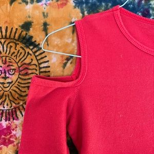 Red Long Sleeve Shoulder Cut Out Shirt